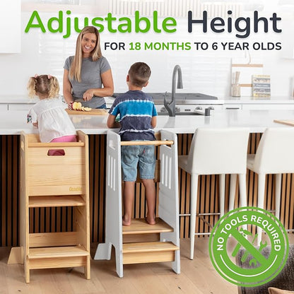 Toddler Tower with a Sliding Door and 3 Adjustable Heights - Complete Toddler Kitchen Stool Helper with Support Feet - Safe Design for 18+ Months to 6-Year-Old Kids - White