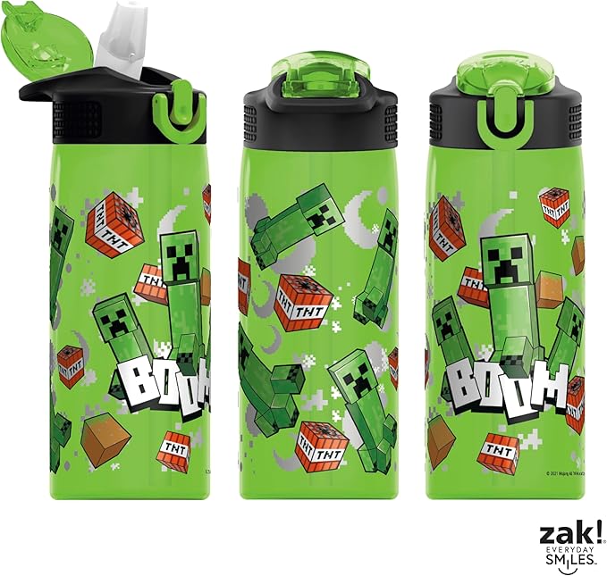 Zak Designs Minecraft Water Bottle For School or Travel, 25 oz Durable Plastic Water Bottle With Straw, Handle, and Leak-Proof, Pop-Up Spout Cover (Creeper)