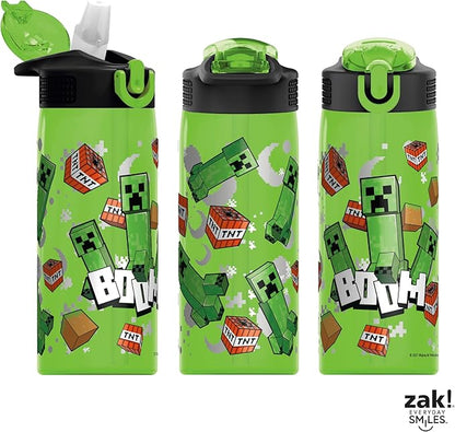 Zak Designs Minecraft Water Bottle For School or Travel, 25 oz Durable Plastic Water Bottle With Straw, Handle, and Leak-Proof, Pop-Up Spout Cover (Creeper)