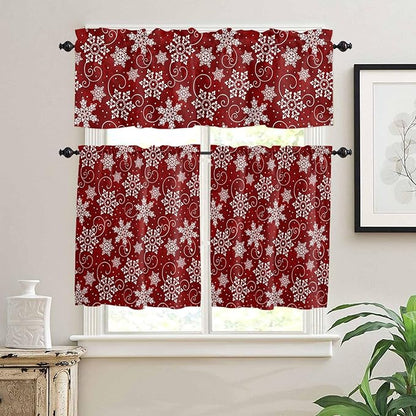 Vandarllin Christmas Kitchen Curtains and Valances Set, Red White Snowflakes Pattern Windows Treatments Tiers Half/Short Curtains for Small Windows Cafe/Living Room/Bedroom 54x36 in Winter