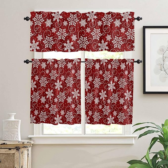 Vandarllin Christmas Kitchen Curtains and Valances Set, Red White Snowflakes Pattern Windows Treatments Tiers Half/Short Curtains for Small Windows Cafe/Living Room/Bedroom 54x24 in Winter