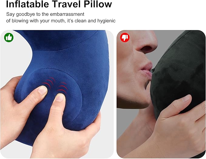 Neck Pillow, Inflatable Travel Pillows for Sleeping to Avoid Neck and Head Pain, Soft & Support Travel Essentials for Flight Headrest Sleep/Car/Office&Home Rest Use (Blue)