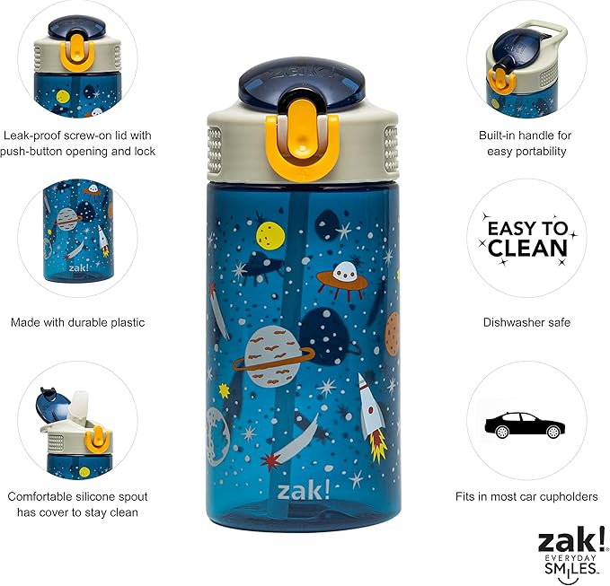 Zak Designs Kids Water Bottle For School or Travel, 16oz Durable Plastic Water Bottle With Straw, Handle, and Leak-Proof, Pop-Up Spout Cover (Space)