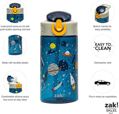 Zak Designs Kids Water Bottle For School or Travel, 16oz Durable Plastic Water Bottle With Straw, Handle, and Leak-Proof, Pop-Up Spout Cover (Space)