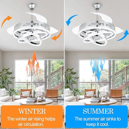 42" Retractable Ceiling Fan with Lights & Remote - Silent DC Motor Modern Ceiling Fan - 6 Speed LED Fan for Bedroom living room Kitchen