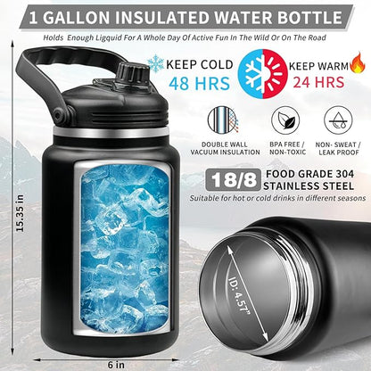 1 Gallon Insulated Water Bottle with Sleeve - 128 Oz Stainless Steel Water Jug with Handle - Wide Mouth Water Flask with Camo Tactical Carrying Bag for Outdoors, Sport, Gym, Hiking