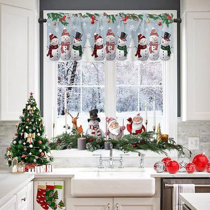 Vandarllin Christmas Valance Kitchen Curtains for Windows, Snowman Cardinal Rod Pocket Valances Window Treatments Bluish Grey Winter Holiday Short Curtains for Bedroom/Living Room, 54" X 18" -1 Panel