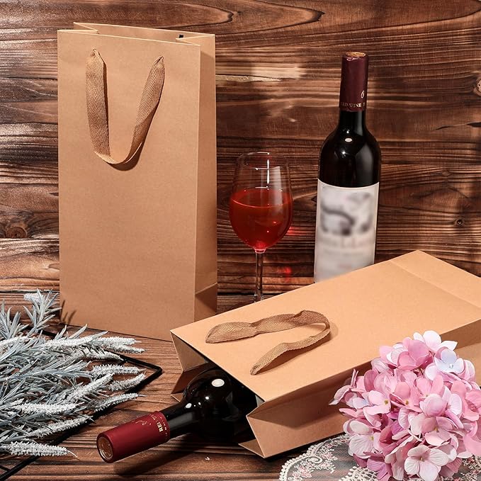 Yeaqee 50 Pack Wine Bags for Wine Double Bottles Gifts Bags 6.6" x 3.6" x 13.8" Craft Wine Bottle Wine Bags Bulk with Handles Reusable Paper Tumbler Wine Bags, Liquor Gift Bag with Handles (Brown)