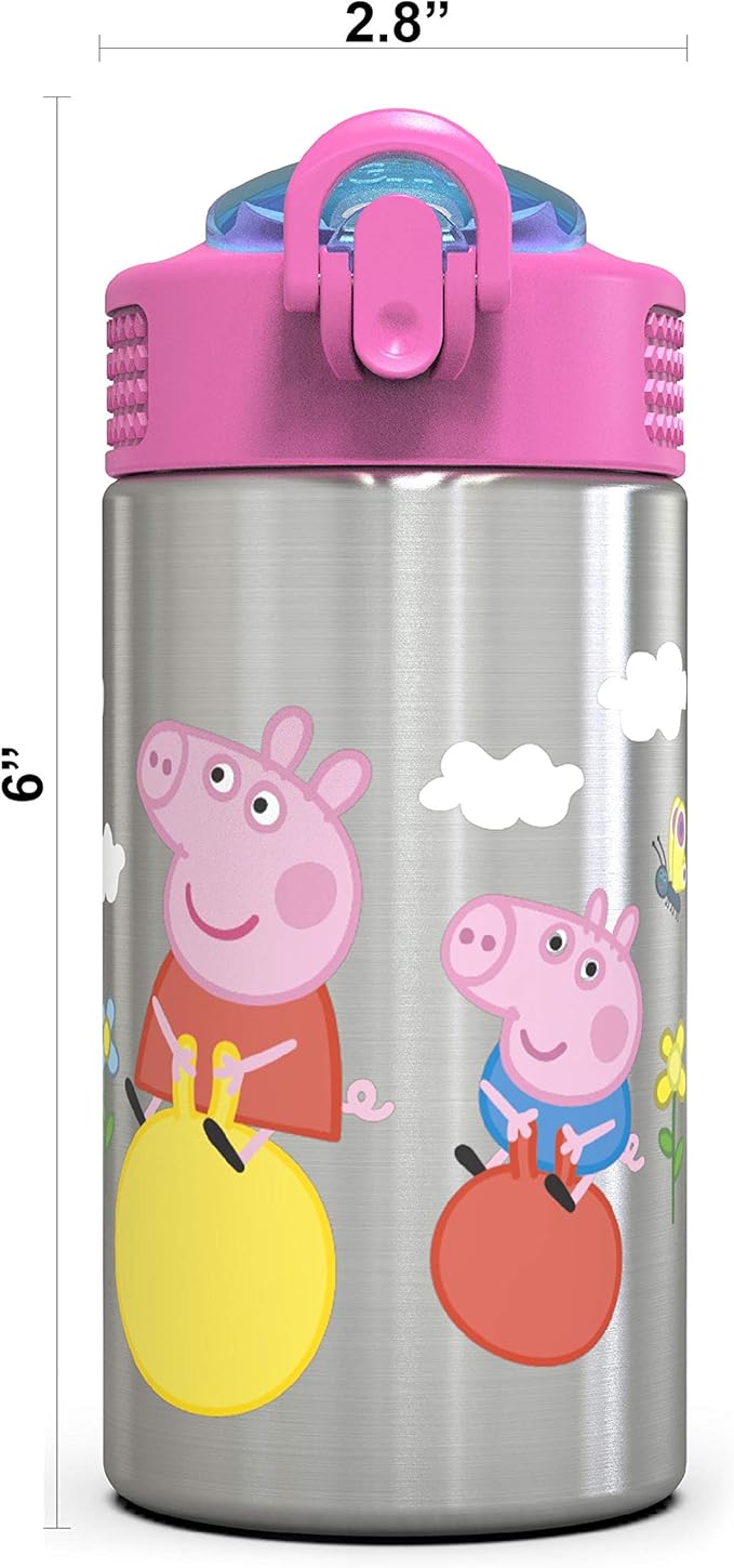 Zak Designs Peppa Pig 15.5oz Stainless Steel Kids Water Bottle with Flip-up Straw Spout - BPA Free Durable Design, Peppa Pig SS, Single Wall