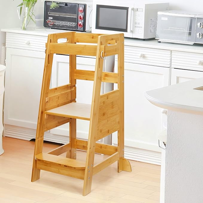 TOETOL Bamboo Toddler Step Stool Kids Kitchen Counter Learning Stool Standing Helper Tower 3 Height Adjustable Bathroom Sink with Safety Rail,Natural