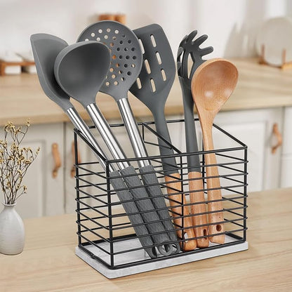 Utensil Holder for Kitchen Counter, Metal Utensil Holder Rack for Kitchen Countertop, Cooking Tools Storage for Spatula, Utensil Organizer with Sturdy Base, and Drainage Hole (Black Marble)