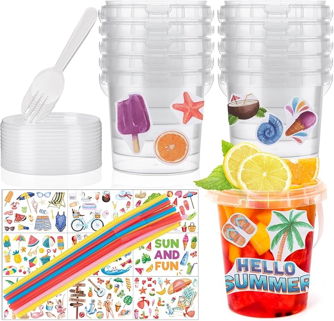 10 Pcs 1L/34oz Ice Cream Buckets with Lids and Handles Cocktail Rum Buckets Bacardi Buckets with 147 Stickers 20 Pcs Straw 10 Spork Drink Buckets with lids and Straws Clear Plastic Tub for Party