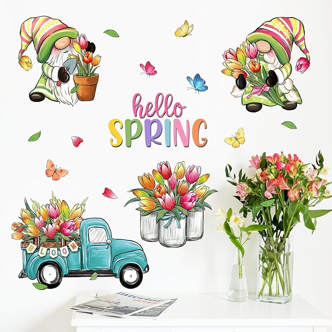 Mfault Hello Spring Gnome Wall Decals Stickers, Tulip Flower Teal Truck Mason Jar Decorations Bedroom Art, Bloom Floral Butterfly Pot Seasonal Home Kitchen Decor Party Supplies