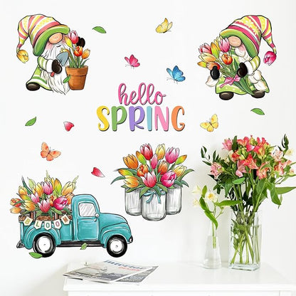 Mfault Hello Spring Gnome Wall Decals Stickers, Tulip Flower Teal Truck Mason Jar Decorations Bedroom Art, Bloom Floral Butterfly Pot Seasonal Home Kitchen Decor Party Supplies