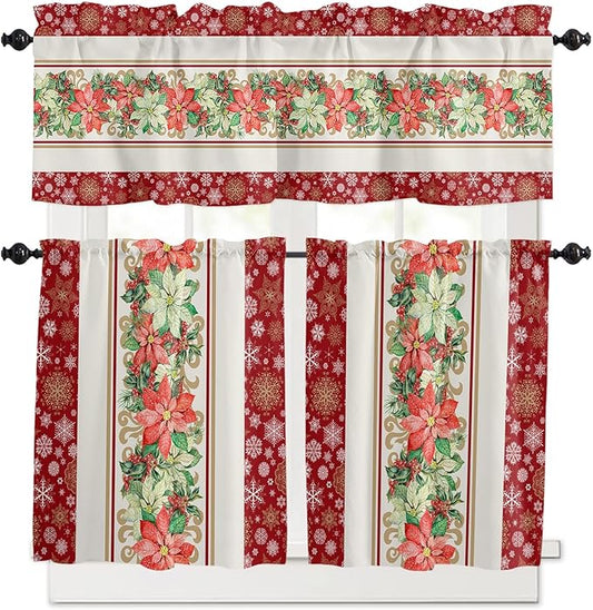 Watercolor Poinsettia Christmas Kitchen Curtains and Valances Set, Red Xmas Winter Holiday Windows Treatments Tiers Half/Short Curtains for Small Windows Cafe /Living Room/ Bedroom 54x36 in Gold White