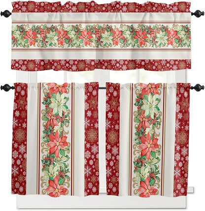 Watercolor Poinsettia Christmas Kitchen Curtains and Valances Set, Red Xmas Winter Holiday Windows Treatments Tiers Half/Short Curtains for Small Windows Cafe /Living Room/ Bedroom 54x24 in Gold White