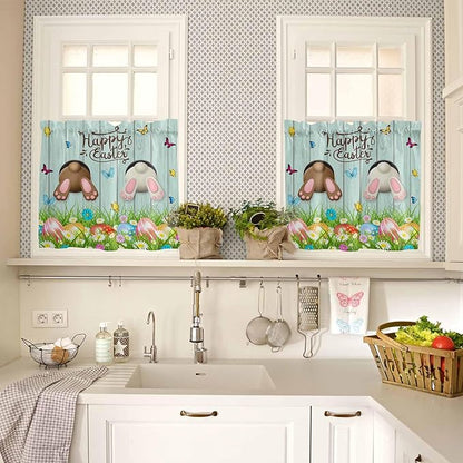 Vandarllin Spring Easter Kitchen Curtains and Valances Set, Funny Bunny Tails Rabbit Window Tiers Floral Farmhouse Half/Short Curtains for Small Windows Cafe/Living Room/Bedroom 54x 36 in