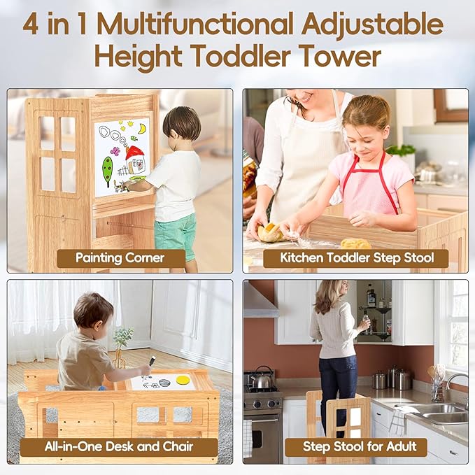 4 in 1 Kitchen Toddler Step Stool, Wooden Kitchen Toddler Tower with Whiteboard and Safety Rail, Adjustable-Height Kids Learning Standing Tower for Kitchen Counter Bathroom Sink