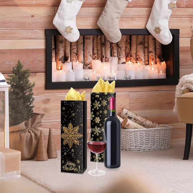 Whaline 12Pcs Christmas Wine Bottle Gift Bags with Gold Tissue Paper Black Gold Xmas Tree Elk Snowflake Bottle Bag with Handle Paper Wine Bag for Winter Party Favor Hostess Gift Home Table Decor