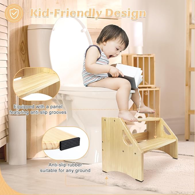 Wooden Step Stool, Two Step Stools Toddler 300 lbs Capacity with Safety Non-Slip Pads and Handles, Bamboo Step Stool for Bathroom, Kitchen Step Stools Dual Height Step Stools for Kids Natural