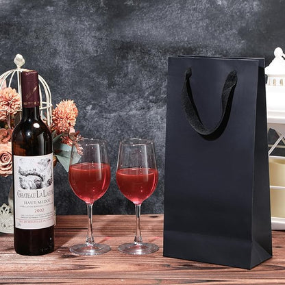 Yeaqee 50 Pack Wine Bags for Wine Double Bottles Gifts Bags 6.6" x 3.6" x 13.8" Craft Wine Bottle Wine Bags Bulk with Handles Reusable Paper Tumbler Wine Bags, Liquor Gift Bag with Handles(Black)