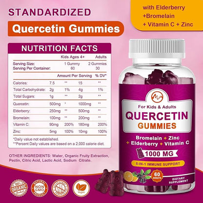 (2 Pack) Quercetin Gummies with Bromelain, Elderberry, Zinc and Vitamin C - Chewable Quercetin 1000 mg Supplement for Immunity, Cardiovascular, Allergy, Aging Support - Vegan Gummies for Adult & Kid