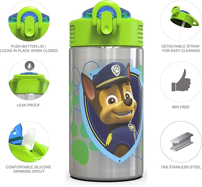 Zak Designs 15.5oz Stainless Steel Kids Water Bottle with Flip-up Straw Spout - BPA Free Durable Design, Paw Patrol Boy SS