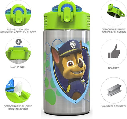 Zak Designs 15.5oz Stainless Steel Kids Water Bottle with Flip-up Straw Spout - BPA Free Durable Design, Paw Patrol Boy SS