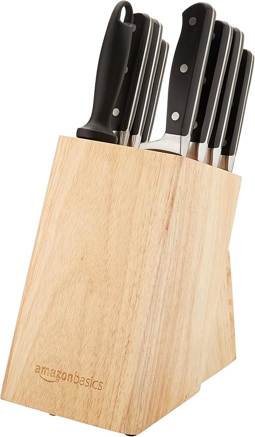 Amazon Basics 9-Piece Premium Kitchen High-Carbon Stainless-Steel Blades with Pine Wood Knife Block Set, Black