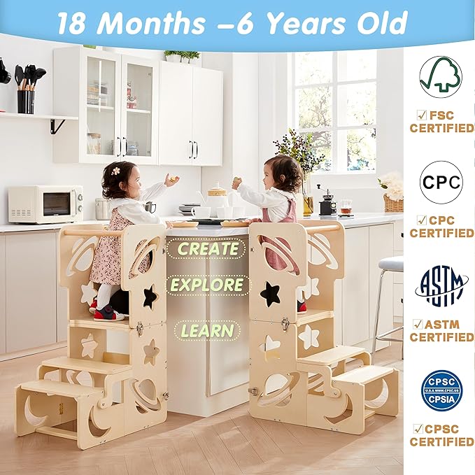 Toddler Tower, Toddler Stool for Kitchen, Kids Learning Wooden Tower, Foldable Weaning Table with Kids Step Stool, Montessori Toddler Standing Tower for Bathroom and Kitchen Counter