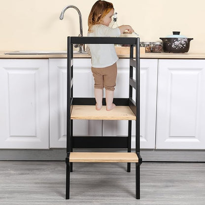 Toddler Kitchen Step Stool White Helper Standing Tower with Anti-Slip Protection for Kids Kitchen Counter Learning (Large, Black)