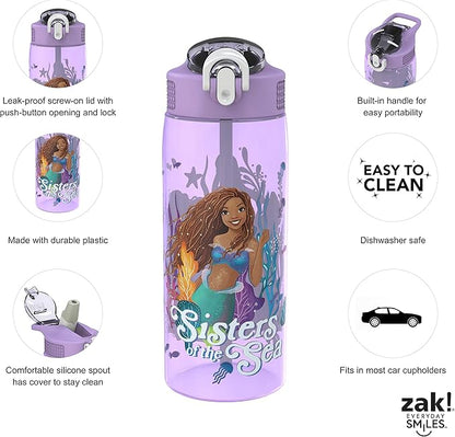 Zak Designs Disney The Little Mermaid 2023 Kids Water Bottle For School or Travel, 25oz Durable Plastic, with Pop-Up Antimicrobial Spout and Cover, Handle, and Leak-Proof (Ariel, Sisters of the Sea)