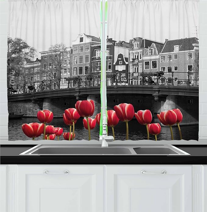 Ambesonne Black and White Kitchen Curtains, Monochrome Photo of Amsterdam Canal with Red Tulips and Houses, Window Drapes 2 Panel Set for Kitchen Cafe Decor, 55" x 36", Red Black