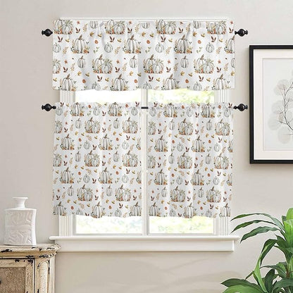 Vandarllin Fall Floral Leaves Kitchen Curtains and Valances Set, Thanksgiving Pumpkins Half/Short Curtains for Small Windows Cafe/Living Room/Bedroom 54x 36 in-, Boho Window Treatments Tiers