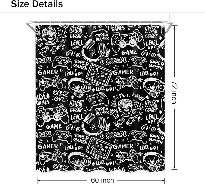 Black White Funny Gaming Shower Curtain Kids Gamer Video Games Cool Teens Monochrome Sketch Graffiti 60Wx72L Inch Bathroom Set Gamepad Bath Curtain Bathtub Accessories Home Decor