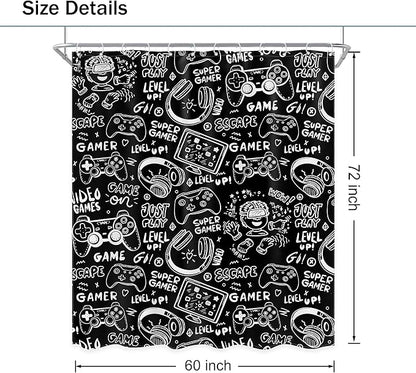 Black White Funny Gaming Shower Curtain Kids Gamer Video Games Cool Teens Monochrome Sketch Graffiti 60Wx72L Inch Bathroom Set Gamepad Bath Curtain Bathtub Accessories Home Decor