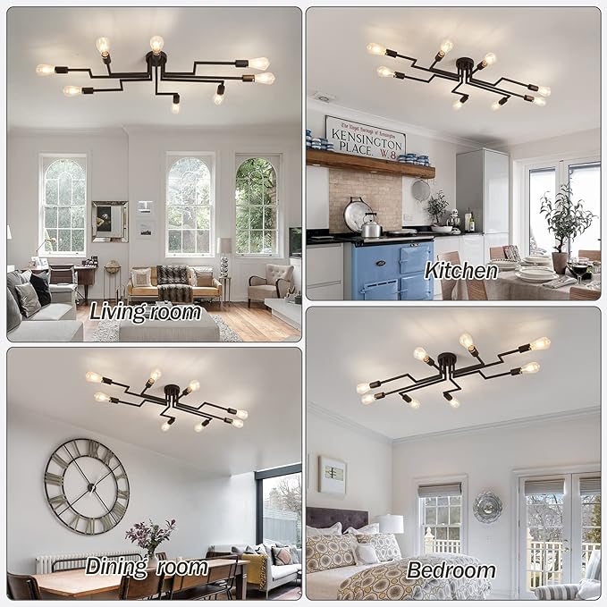 ZGLAOJTBlack 8-Light Ceiling Light, Modern Semi Flush Mount Ceiling Light Fixture,Metal Chandelier for Farmhouse Dining Room Living Room Bedroom Kitchen.