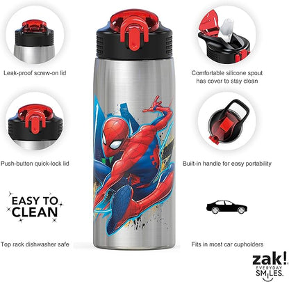 Zak Designs 27oz Marvel 18/8 Single Wall Stainless Steel Water Bottle with Flip-up Straw and Locking Spout Cover, Durable Cup for Sports or Travel (27oz, Spider-Man)