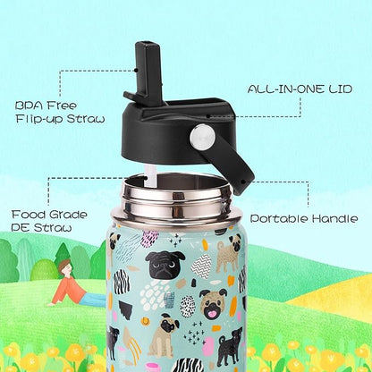 12oz Kids Insulated Water Bottle with Flip Straw & Big Handle, Cute Dog, Double Wall 18/8 Stainless Steel, Leakproof Gift for Kids Boys Girls to School Travel Sports, Hands Wash Only, Green