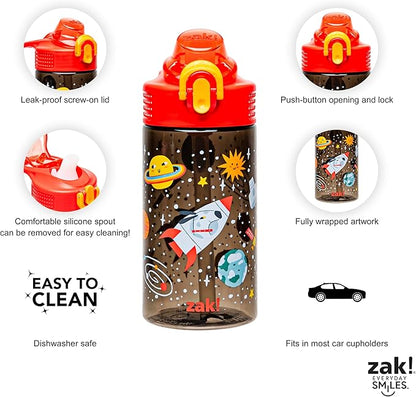 Zak Designs Sage Water Bottle For School or Travel, 16oz Durable Plastic Water Bottle With Straw, Handle, and Leak-Proof, Pop-Up Spout Cover (Spaceships)