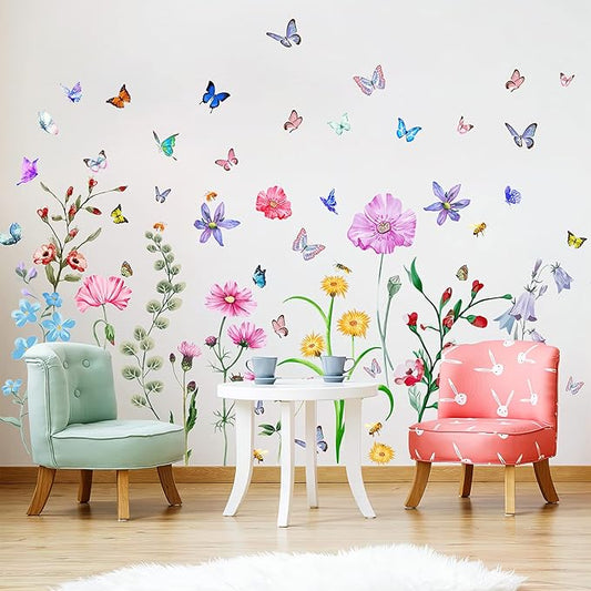 Colorful Flower Wall Stickers with Butterfly and Bee 58 Pcs Removable Flower Wall Decals DIY Peel and Stick Art Wall Decor Mural for Nursery Baby Kids Bedroom Living Room Kitchen Home Decoration