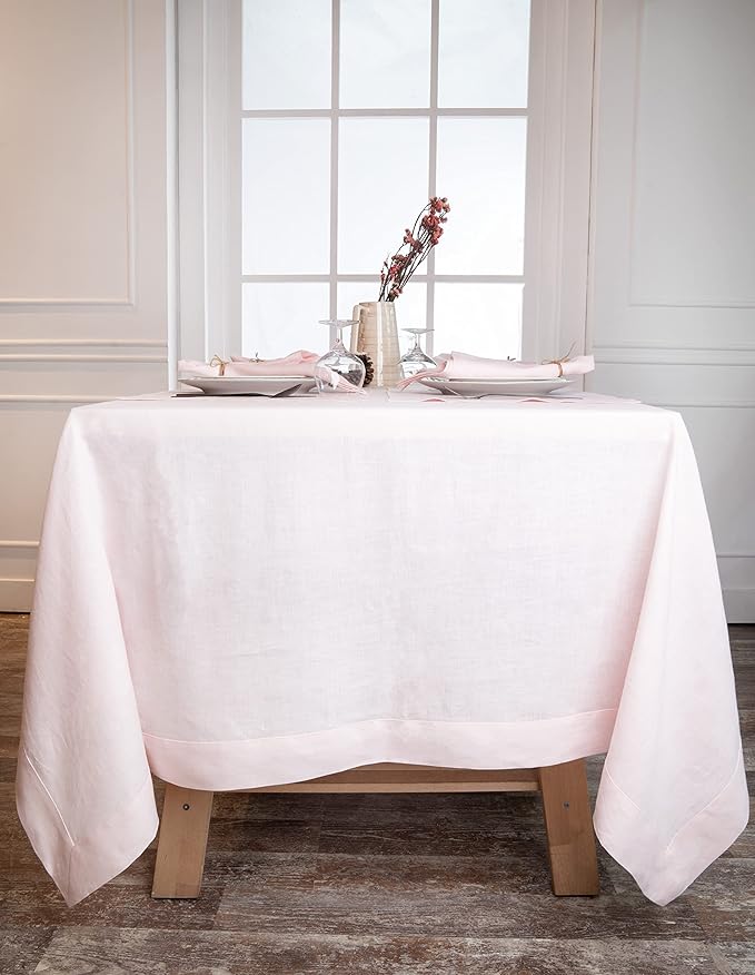 D'Moksha Homes Linen Tablecloth 60 x 102 Inch - 100% Pure Linen Pastel Pink Tablecloth - Machine Washable Dining Tablecloth for Rectangle Tables