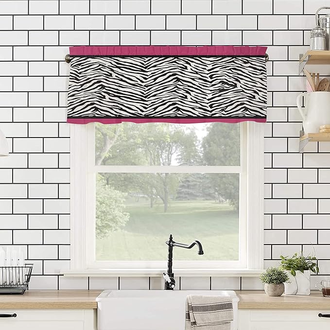 Vandarllin Kitchen Curtains and Valances Set,Animal Zebra Print Window Treatments Tiers Black White Pink Semi Sheer Half/Short Curtains for Small Windows Cafe/Living Room/Bedroom 54x24 in, 3-Piece