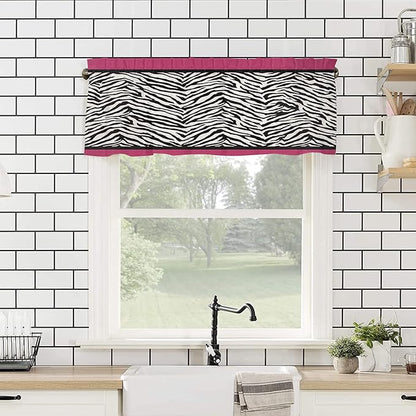 Vandarllin Kitchen Curtains and Valances Set,Animal Zebra Print Window Treatments Tiers Black White Pink Semi Sheer Half/Short Curtains for Small Windows Cafe/Living Room/Bedroom 54x36 in, 3-Piece