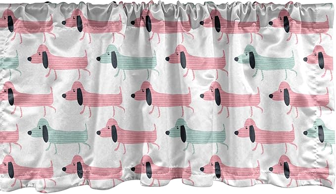 Ambesonne Dachshund Window Valance, Pattern with Funny Cartoon Sausage Dogs, Curtain Valance for Kitchen Bedroom Decor with Rod Pocket, 42" x 18", Seafoam Pink