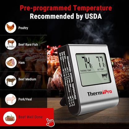 ThermoPro TP-16 Large LCD Digital Cooking Food Meat Smoker Oven Kitchen BBQ Grill Thermometer Clock Timer with Stainless Steel Probe