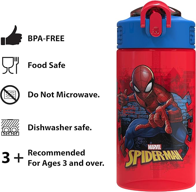 Zak Designs Marvel SpiderMan Kids Spout Cover and Built-in Carrying Loop Made of Plastic, Leak-Proof Water Bottle Design (BPA-Free), Red, 16oz