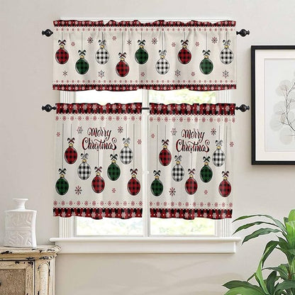 Vandarllin Christmas Kitchen Curtains and Valances Set, Vintage Buffalo Plaid Christmas Balls Window Treatments Tiers Farmhouse Half/Short Curtains for Small Windows Cafe/Living Room/Bedroom 54x24 in