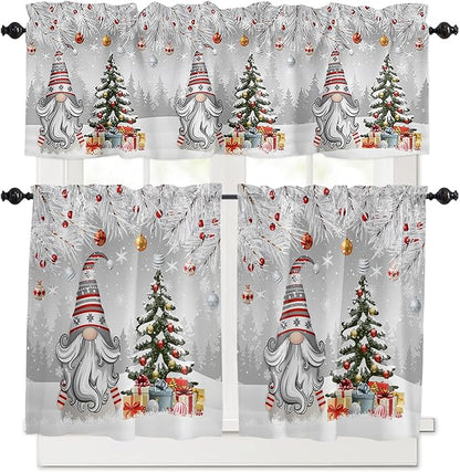 Vandarllin Christmas Gnome Kitchen Curtains and Valances Set, Winter Merry Christmas Tree Balls Windows Treatments Tiers Half/Short Curtains for Small Windows Cafe/Living Room/Bedroom 54x24 in Grey