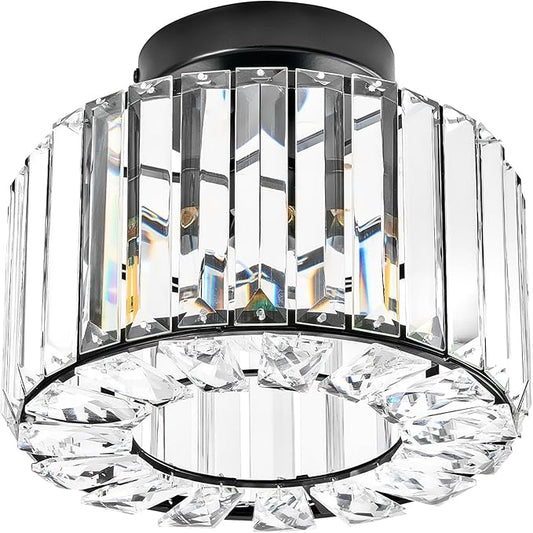 VONLUCE Crystal Light Fixture, Small Chandelier Light Fixture Modern Ceiling Light Fixture for Hallway, Black Semi Flush Mount Ceiling Light for Kitchen Bedroom Living Room Entryway